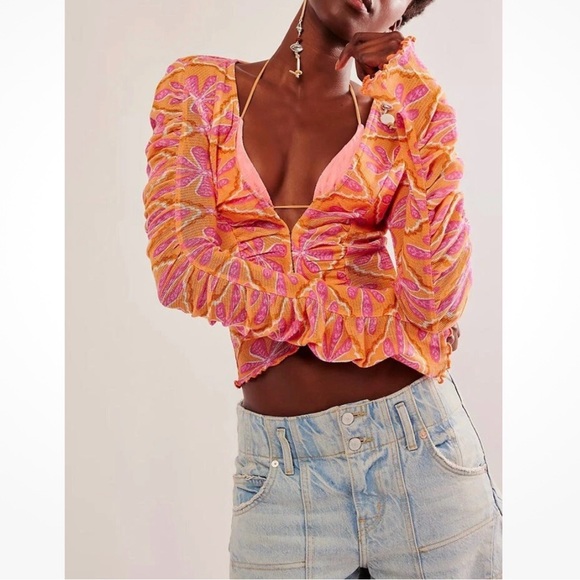 Free People Through The Meadow Mesh Blouse Top Floral Grapefruit Printed XS - Picture 3 of 12